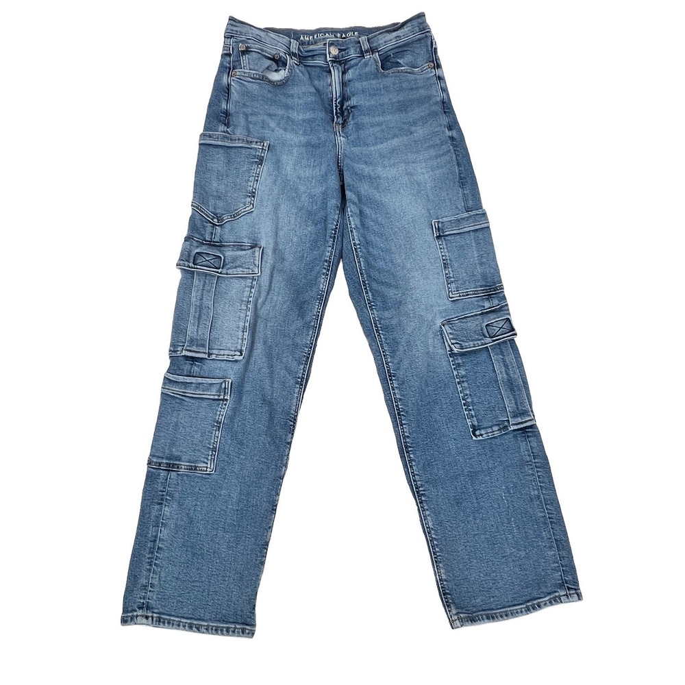 American Eagle Super High Rise Baggy Straight Size 8 Cargo Jeans (30x30) Blue